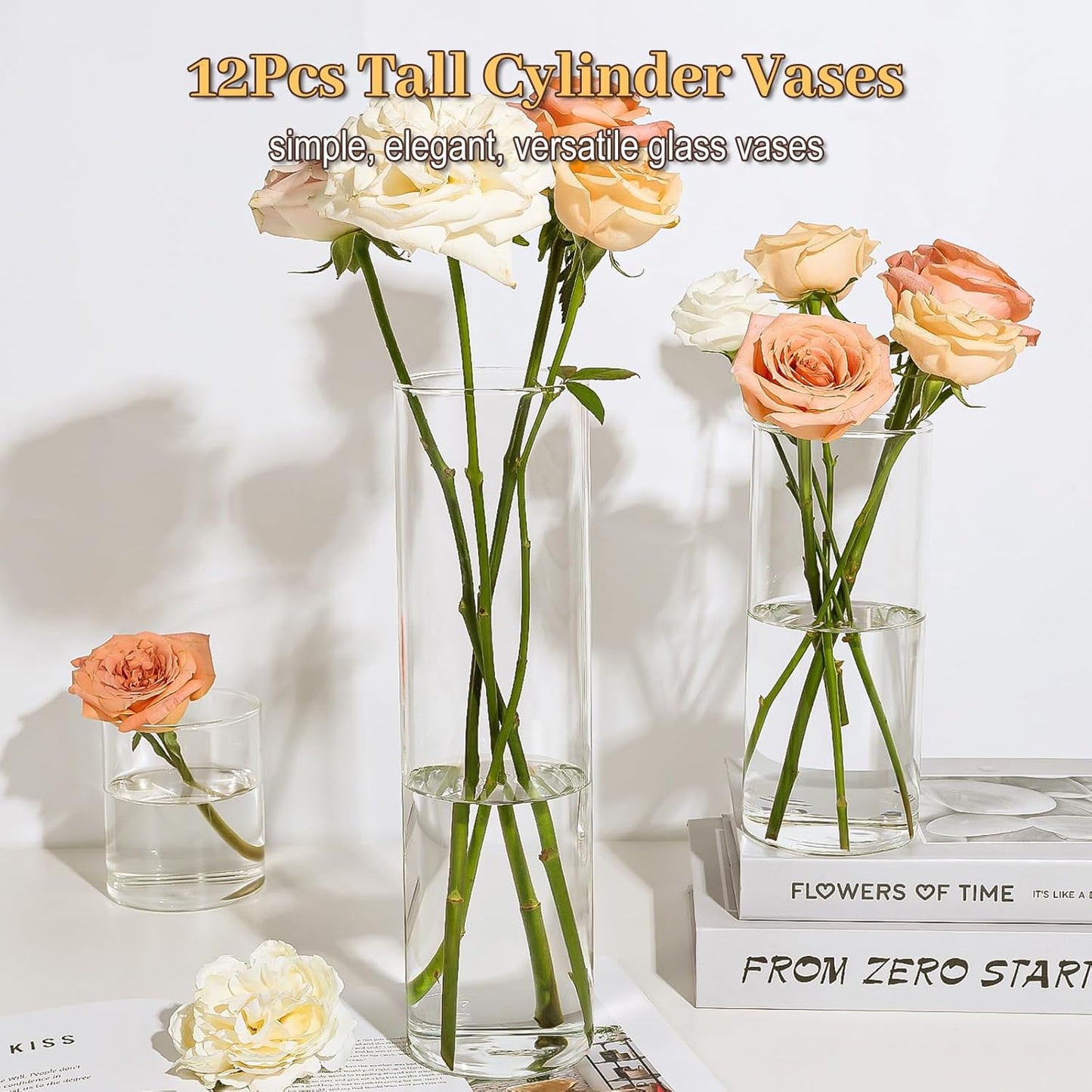 12Pcs Glass Cylinder Vases 12 Inch Tall Clear Flower Vases for Centerpieces Wedding Decoration, Hurricane Floating Candle Holder for Party Table Home Decor