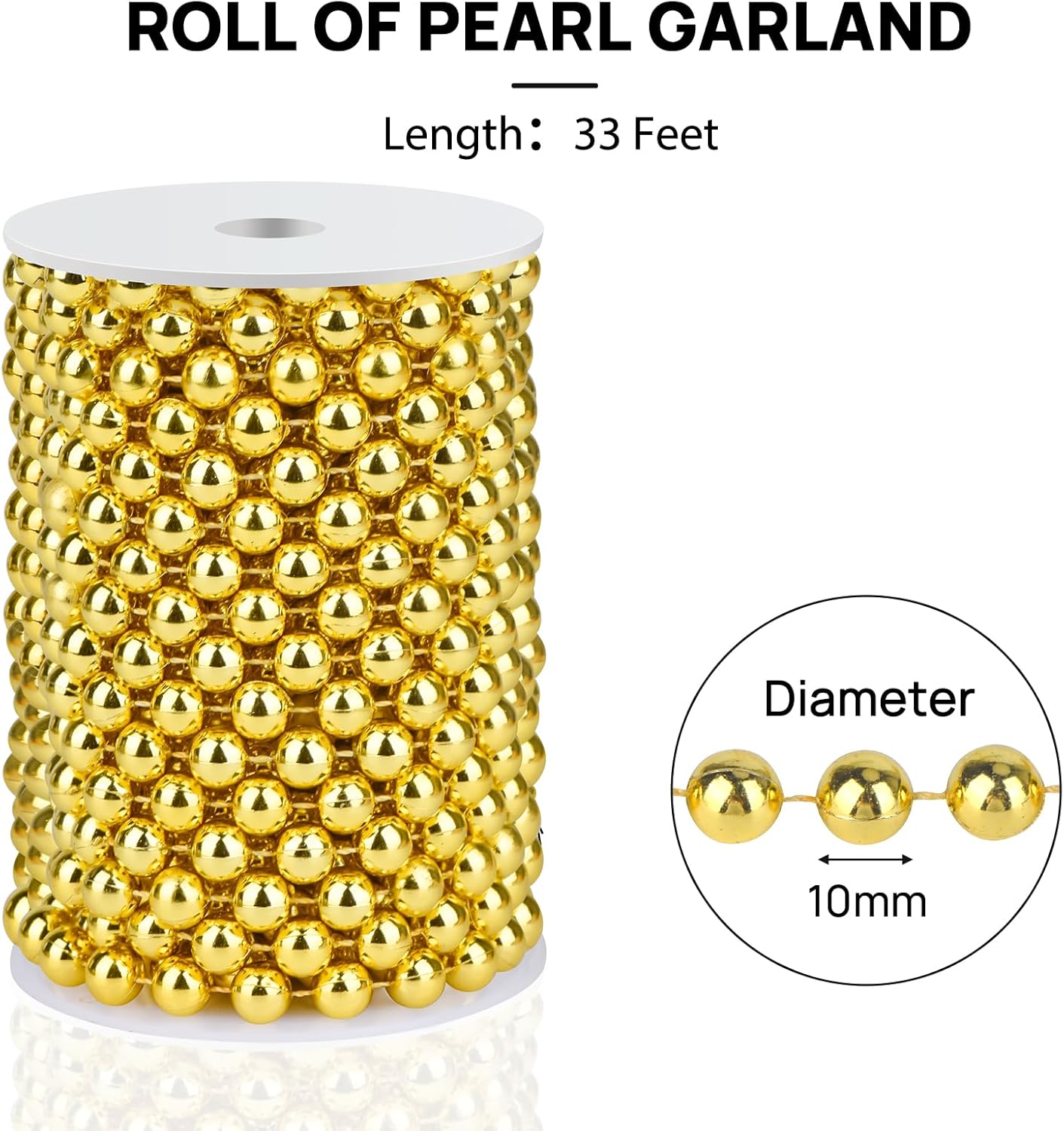 Craft String Pearls 10MM Pearl Bead, 33Feet Gold Faux Pearl Garland Spool Roll Strand Wedding Party Decoration, Christmas Tree Decorations