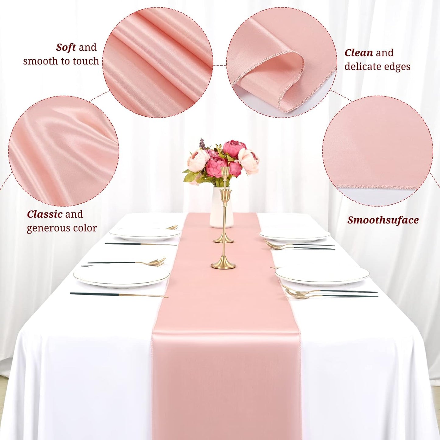 12 Pack Rose Gold Satin Table Runner,12 x 108 inch Long Premium Smooth Table Runner for Wedding, Banquets, Birthday, Party, Graduation, Engagements,Table Runners fit Rectangle and Round Table