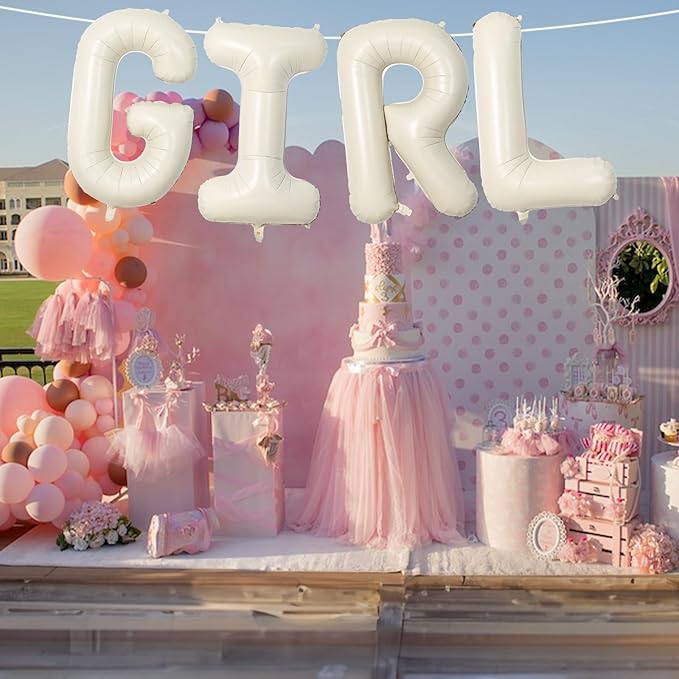 40 Inch Cream Girl Balloons, Large Beige Neutral Letters With Ribbon, Ivory White Sand for Her Birthday Baby Shower or Gender Reveal Party Decoration Supplies