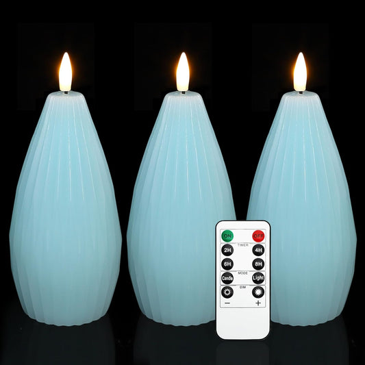 Silverstro Ocean Flameless Candles Remote Irregular Polygon Ribbed Design Real Wax Flicker Battery Operated Candles for Home Party Wedding Thanksgiving Christmas Nautical Decor - Set of 3(Blue)