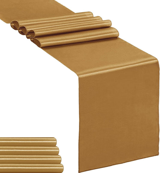 5-Pack Satin Table Runner Old Gold 12 x 108 inches Long, Table Runners for Wedding, Birthday Parties, Banquets Decorations（5 Pack, 12x108 Inch, Old Gold）