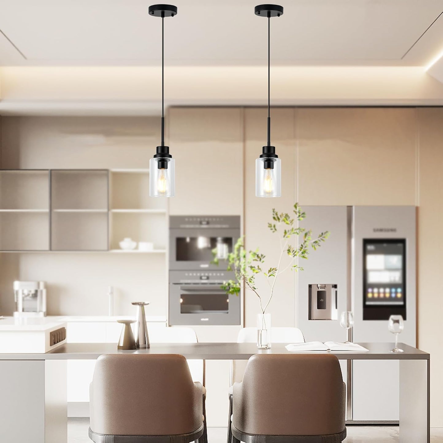 Island Lights for Kitchen,Modern Black Farmhouse Clear Glass Cylinder Pendant Light Fixture,Mini Pendant Lighting for Kitchen Island