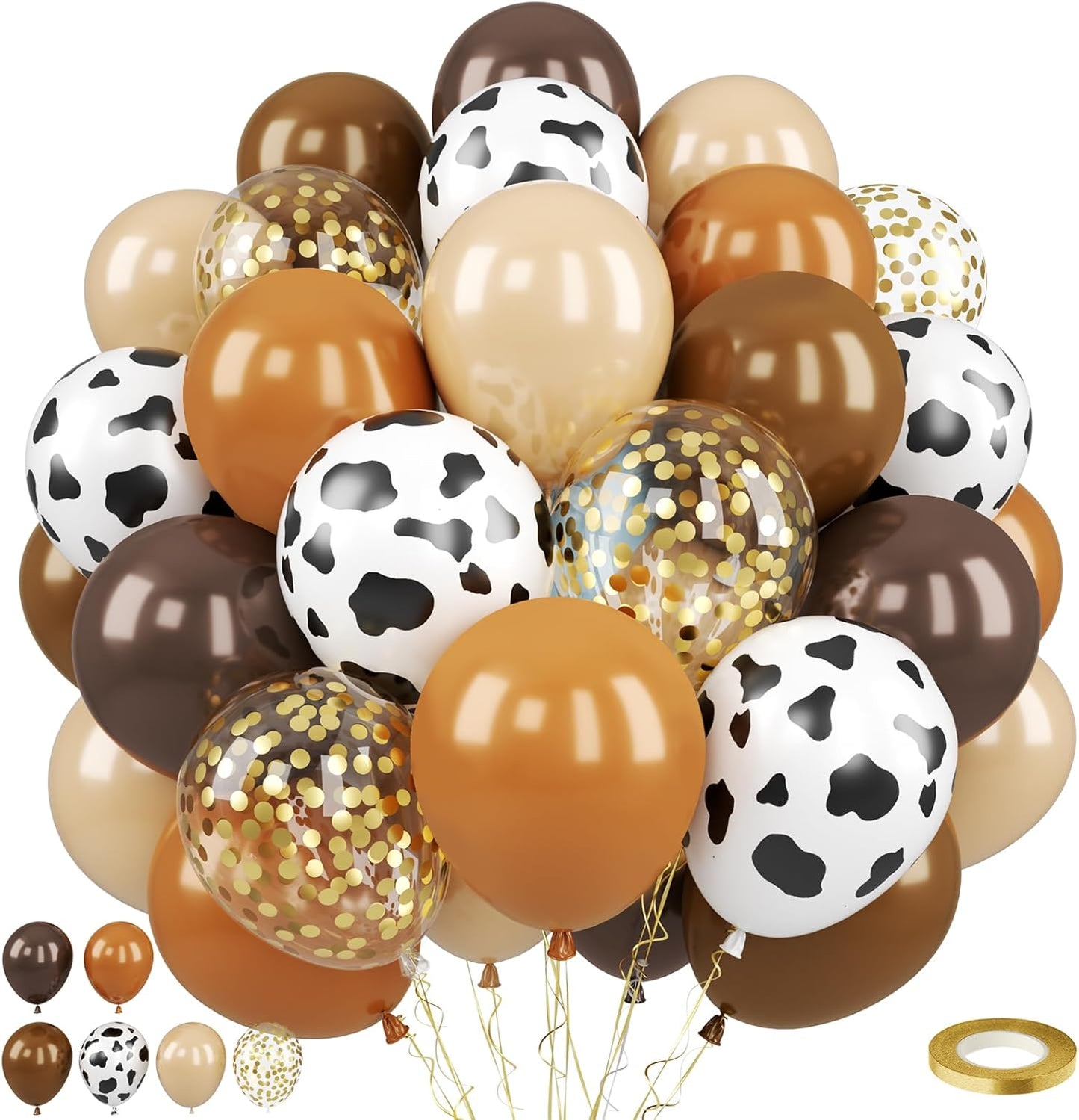 Brown Cow Balloons, 50 Pcs Cow Print Balloons, 12 Inch Dark Brown Coffee Nude Tan Neutral Gold Confetti Balloons Helium for Cowboy Cowgirl Birthday Baby Shower Farm Animal Western Party Decorations