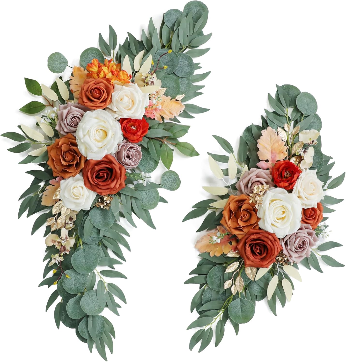 Burnt Orange Wedding Arch Flowers, Artificial Flowers for Wedding Welcome Signs and Autumn Weddings Reception Ceremony Decoration, Fall Flowers Decor (Set of 2)