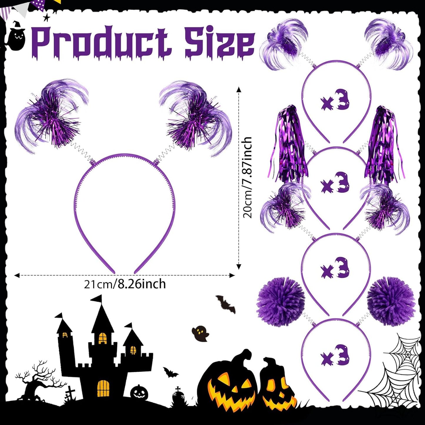 Censen 12 Pcs Halloween Pom Pom Party Headbands Tinsel Ponytails Spirit Head Bopper Headwear for Christmas Birthday Holiday