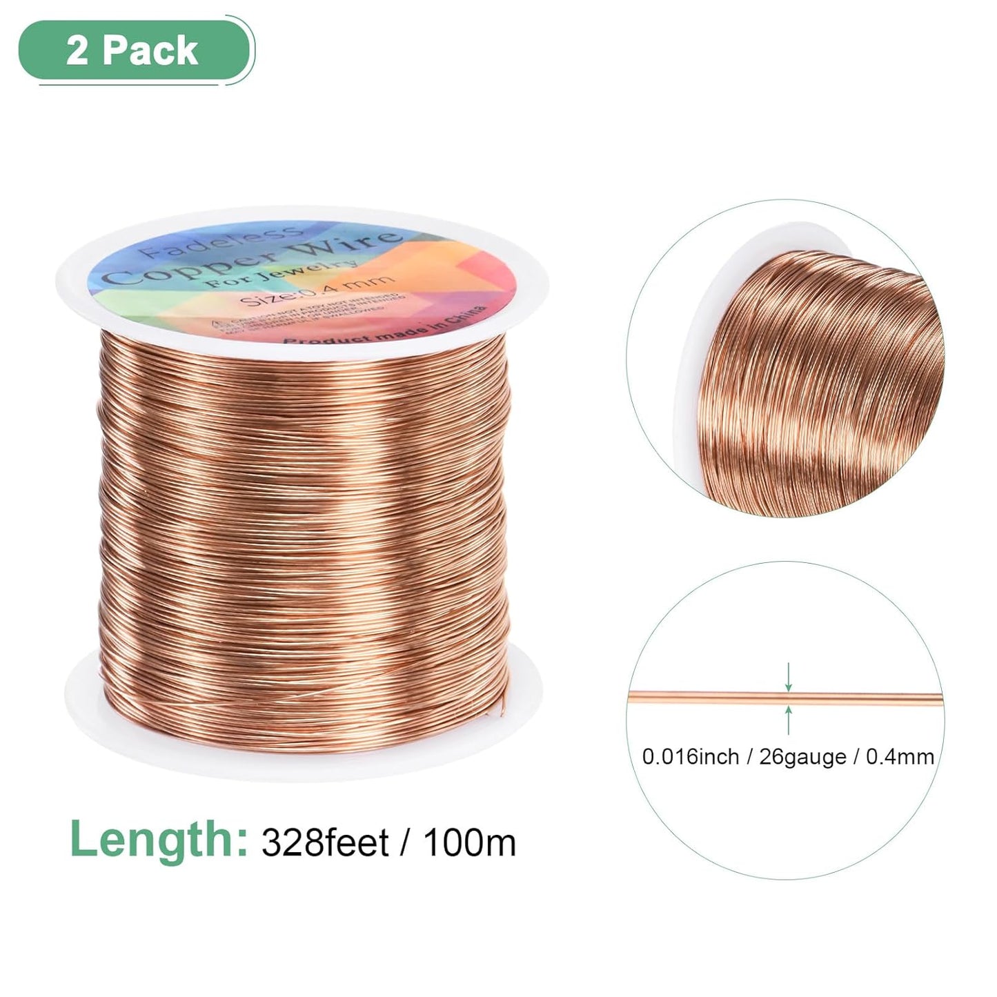 2-Rolls 0.4mm Jewelry Wire, 26 Gauge 328FT Craft Wire Copper Beading Wire for Jewelry Making/Planting/Weaving/DIY Crafting, Soft Metal Wires [100M, Copper Tone]