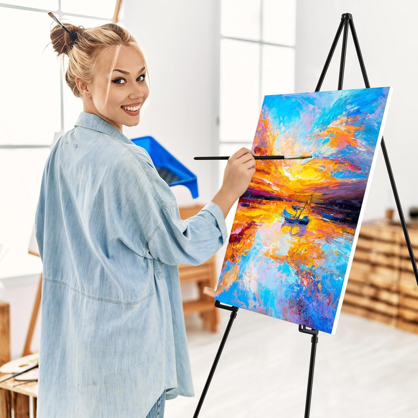 Easel Stand for Sign, 63" Portable Easels Stand for Display, Lightweight Adjustable Tripod Art Easel Stand for Wedding Sign, Black Metal Painting Easel with Portable Bags (2 Pack)