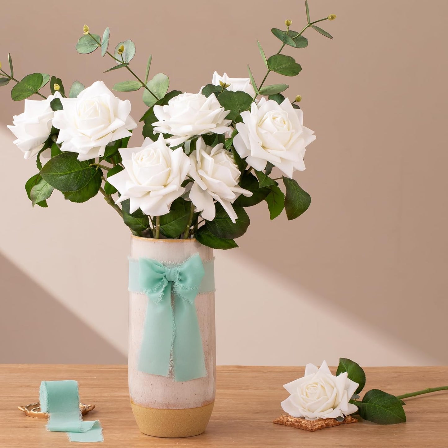 DORIS HOME 2" x21Yd Chiffon Ribbon for Flower Bouquet, Green & Ivory Fabric Ribbon for Gift Wrapping, Handmade Frayed Ribbon for Wedding/Christmas Decorations