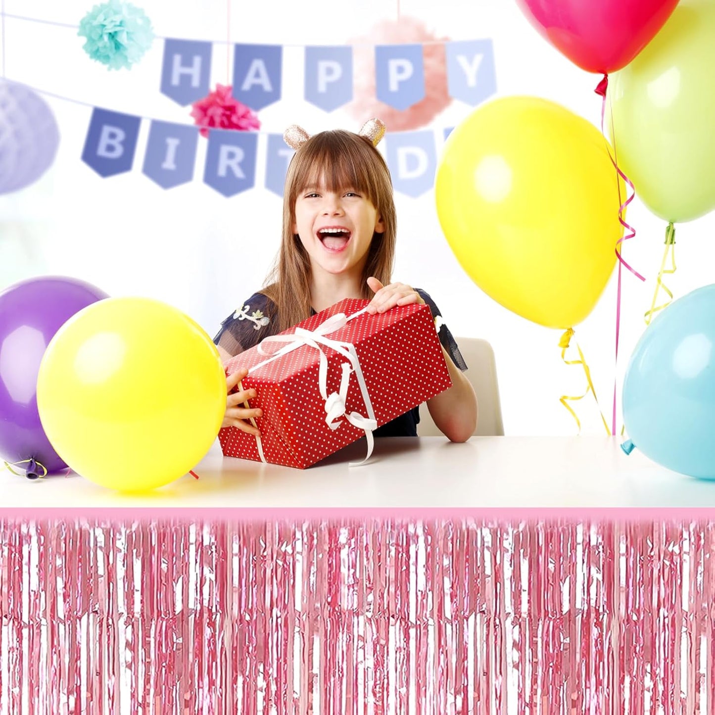 3 Pack 29x108 Inch Pink Foil Fringe Table Skirts Metallic Banner for Tinsel Streamer Garland Backdrop for Parade Floats Wedding Thanksgiving Birthday Christmas Halloween Party Decoration