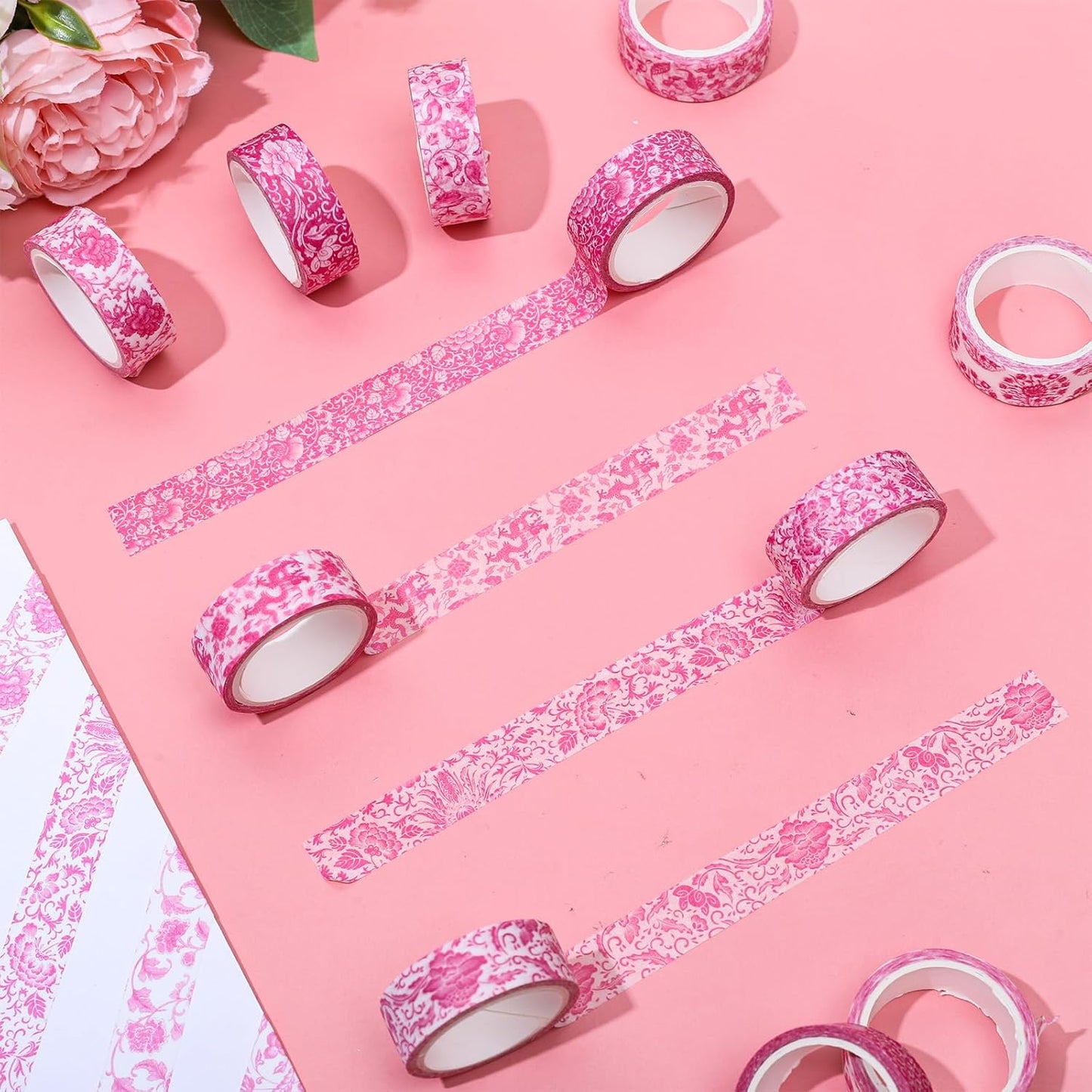 Whaline 12 Rolls Pink Floral Washi Tape Chinoiserie Flower Decorative Masking Tape Set Vintage Wrapping Paper Tape for Scrapbook Journal DIY Art Crafts