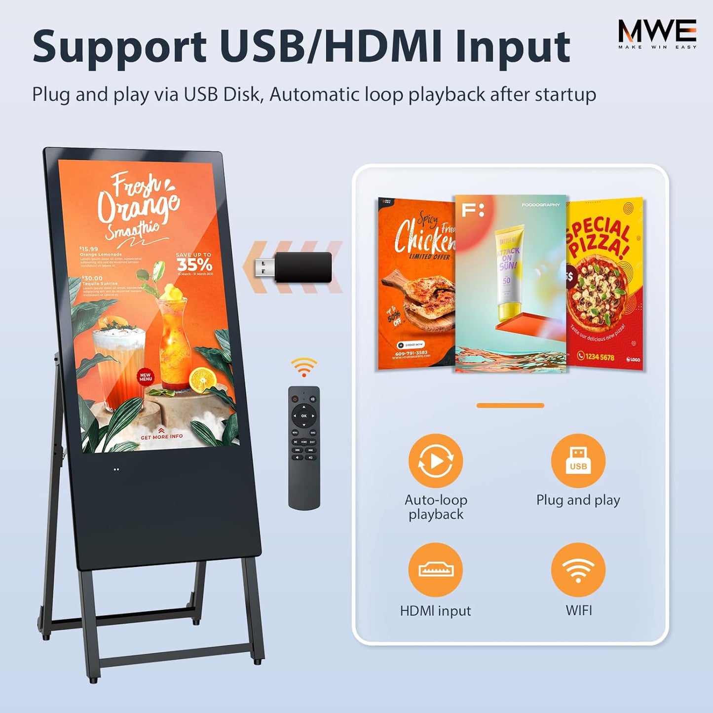 MWE 32 Inch Digital Signage Display, Portable LCD Digital Kiosk, Advertising Display Poster, Android Kiosk with Auto Media Player, HDMI/USB