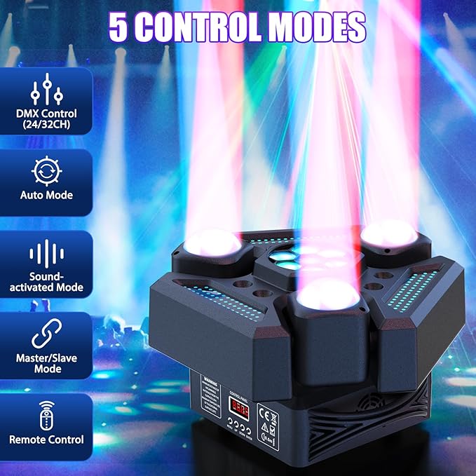 4PCS 180W 3-Head Moving Head Light 9 Beam Stage Light with Remote Control Sound Activation & DMX Control for DJ Parties Wedding Home Theater Small Venue Lighting