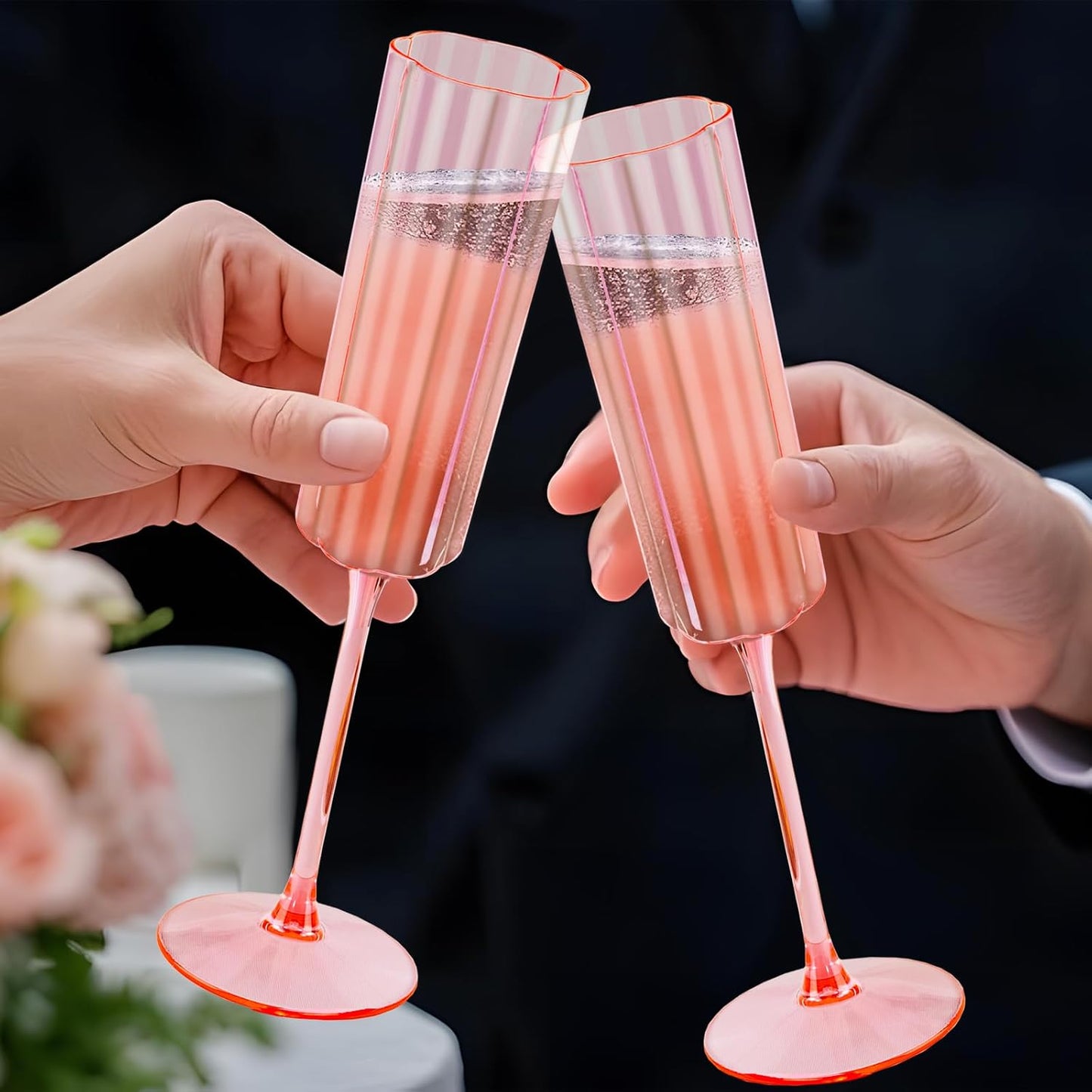 Ciaell 24 Pack Pink Plastic Champagne Flutes - 6 Oz Flower Wavy Champagne Glasses - Heavy Duty Vintage Disposable Glassware for Party & Anniversary & Wedding