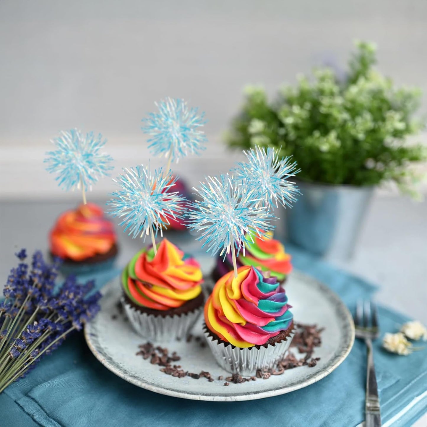 Gyufise 30Pcs Foil Firework Cupcake Toppers Sparkle Tinsel Cake Toppers Tinsel Drink Cake Decoration Cocktail Picks for Birthday Wedding Graduation Party Supplies Laser Blue