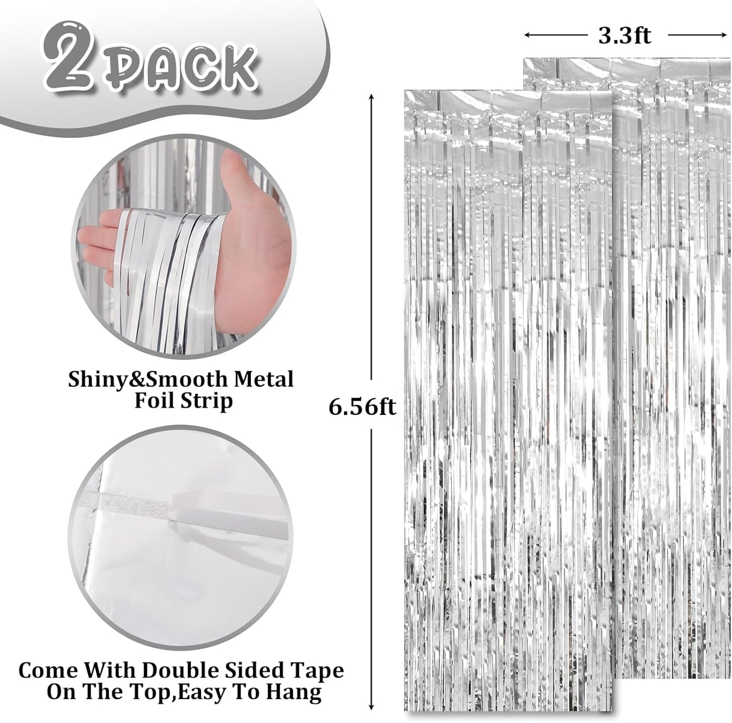 2 Pack Silver Tinsel Foil Fringe Curtains, Silver Party Decorations, Metallic Tinsel Party Streamers Backdrop for Birthday Baby Shower Graduation Wedding Bachelorette Party Decorations