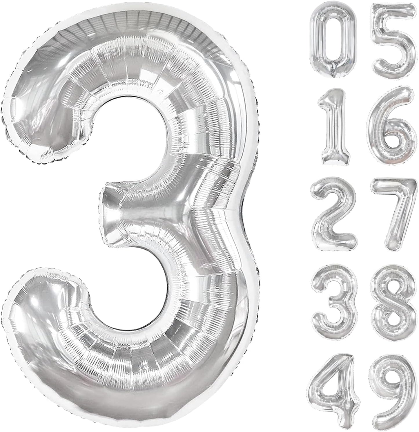 40 Inch Silver 3 Large Number Balloon, 3 13 23 30 33 36 Silver Birthday Party Decorations, Number Three Foil Balloons for Anniversary Party Graduations Celebration Supplies