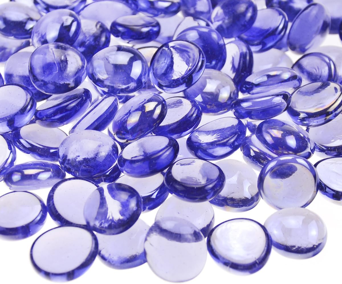 KINGOU Flat Glass Gems/Marbles/Stones/Beads for Vase Filler, Table Scatter, Games - 1 Lbs (17-19mm, Approx. 3/4") (Purple, Standard) - Light Purplish Blue