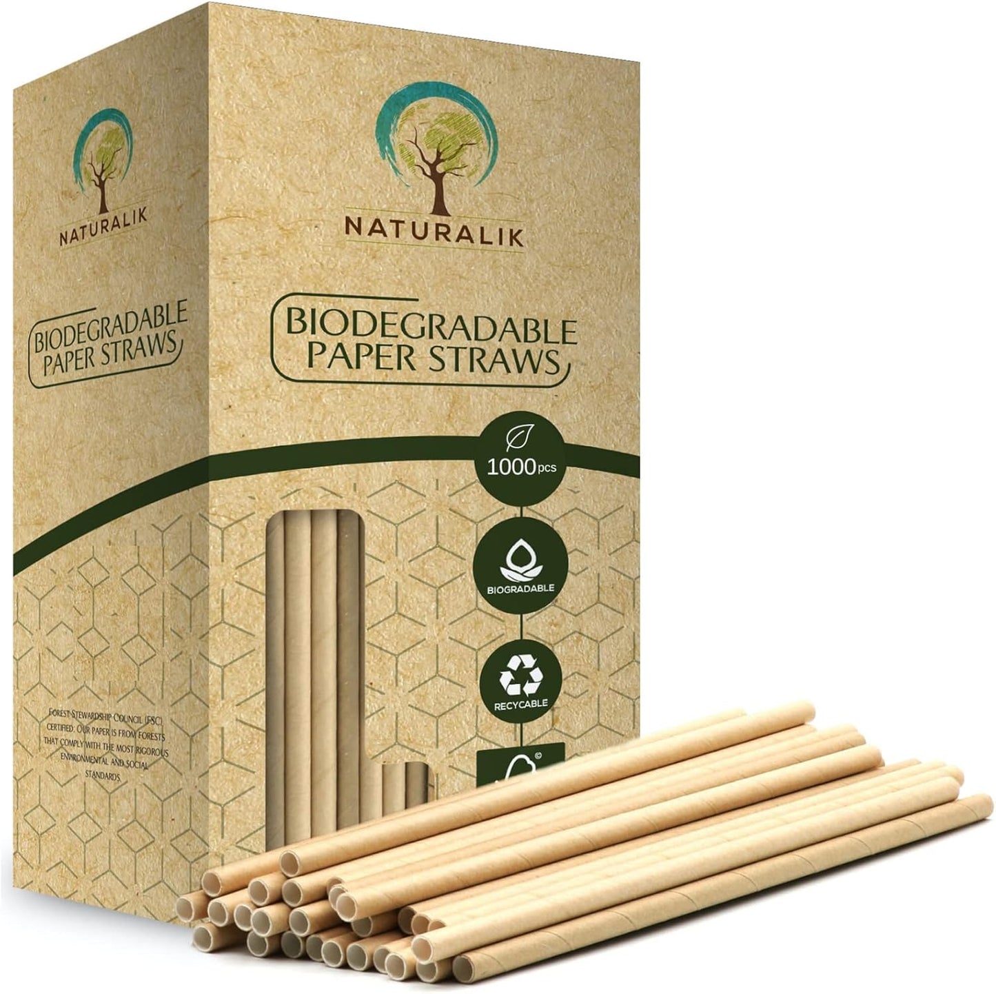 1000-Pack Sturdy Biodegradable Paper Straws Heavy-Duty, Dye-Free, Eco-Friendly Sturdy Paper Straws Bulk Drinking Straws for Smoothies, Restaurants and Party Decorations 7.7" (Brown, 1000pc)