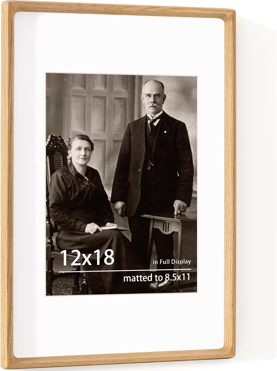 12x18 Frame USA-Sourced Natural Oak Wood Solid Wood Photo Frame Handcrafted Rounded Corner with Mat to 8x12 Picture Display with Real Glass Family Picture, Wedding Photo, Certificate