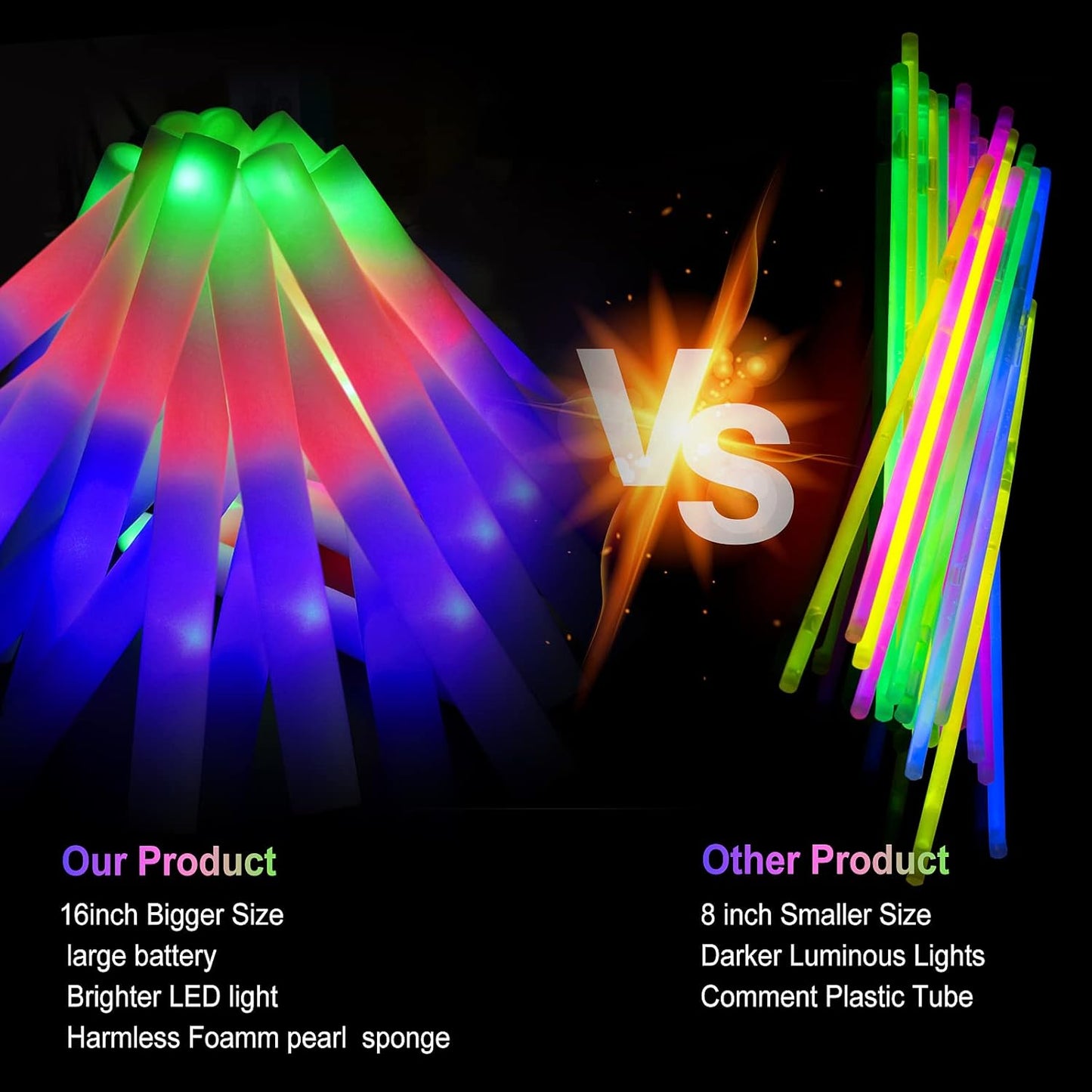 LifBetter 192 Pcs Foam Glow Sticks Bulk,Led Glow Sticks with 3 Modes Colorful Flashing,Long Life Battery Glow In The Dark Party Supplies for Weddings,Parties,Festivals,Sporting Events