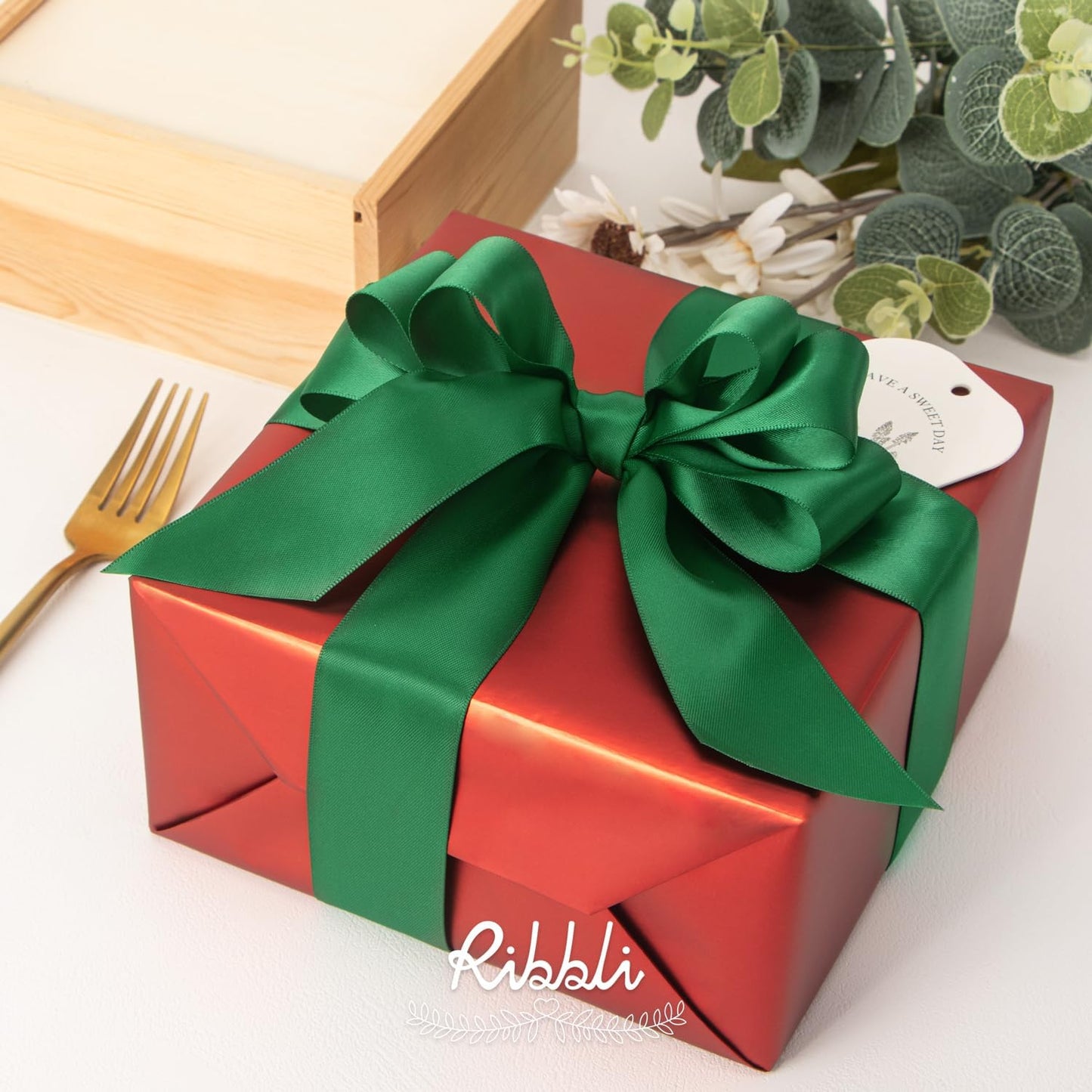 Ribbli Forest Green Double Faced Satin Ribbon,1-1/2” x Continuous 25 Yards,Use for Craft Bows Bouquet, Gift Wrapping, Wedding Decoration, Floral Arrangement