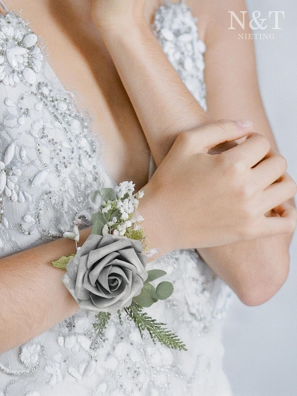 N&T NIETING Roses Artificial Flowers, 50Pcs Fake Flowers Foam Roses with Stems for DIY Wedding Bridesmaid Bridal Bouquets Centerpieces Party Home Decoration Baby Shower, Silver White and Silver Grey