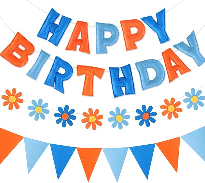 Felt Birthday Decorations, NO DIY, Pre-Strung 3D Felt Happy Birthday Banner with Fabric Flower Garland, Colorful Triangle Flags, Birthday Party Decorations for Women Men Boys Girls (BlueOrange)