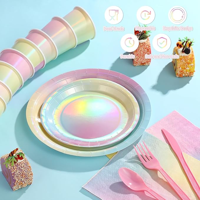 Iridescent Pastel Rainbow Party Decorations Serve 100, Holographic Pastel Paper Plates and Napkins, Disposable Iridescent Rainbow Party Plates Cups Napkins for Girls Birthday Wedding Baby Shower Party