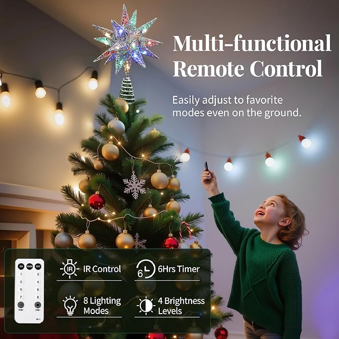 Lewondr Christmas Tree Topper, Plug in 3D Starburst Xmas Lighted Star Tree Topper, Remote Control & Timer Light Up Vintage Moravian Tree Topper for Christmas Decoraiton, Colorful Light, Silver