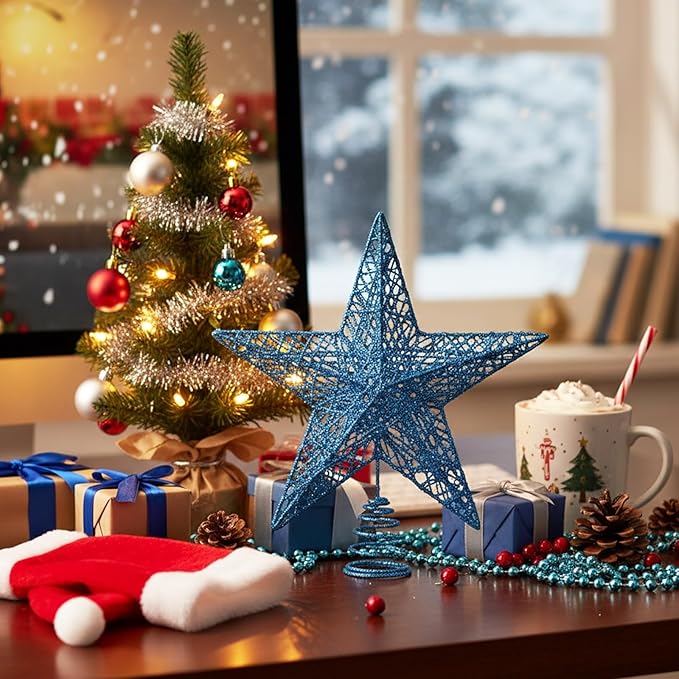 Christmas Star Tree Topper Glittering Hollow Star Topper Decoration for Xmas Tree Ornament Party Supplies(Sky Blue,9.8 Inch)