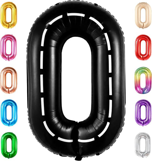KatchOn, Giant Race Car 0 Balloon Number - 40 Inch | Black Racetrack 0 Number for Race Car Theme Party Decorations, Road Party Decorations | Toddler Construction Party Supplies | Number 0 Balloon