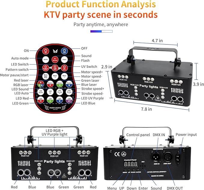 9 Eyes DJ Disco Light, RGB Party Stage Lights by Remote and DMX512 Control, Sound Activated LED Pattern Strobe Lights for Parties Live Light Show Xmas Bar Club Disco Dancing (21 Eyes Lights)