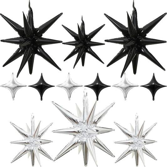 Black Silver Star Balloons 12pcs, 27/22 Inch Foil Star Explosion Balloons, Large Spike Mylar Cone Balloon, Fireworks Shape Balloon Decor for Bachelor Retirement Anniversary Graduation