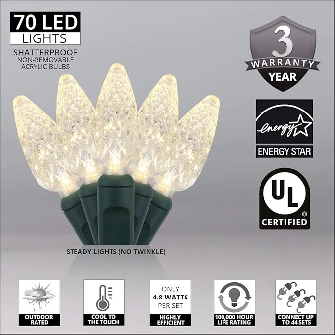 70 C6 LED Warm White Christmas Lights, 24 ft Green Wire Indoor/Outdoor Commercial Grade String for Holiday and Party Lighting
