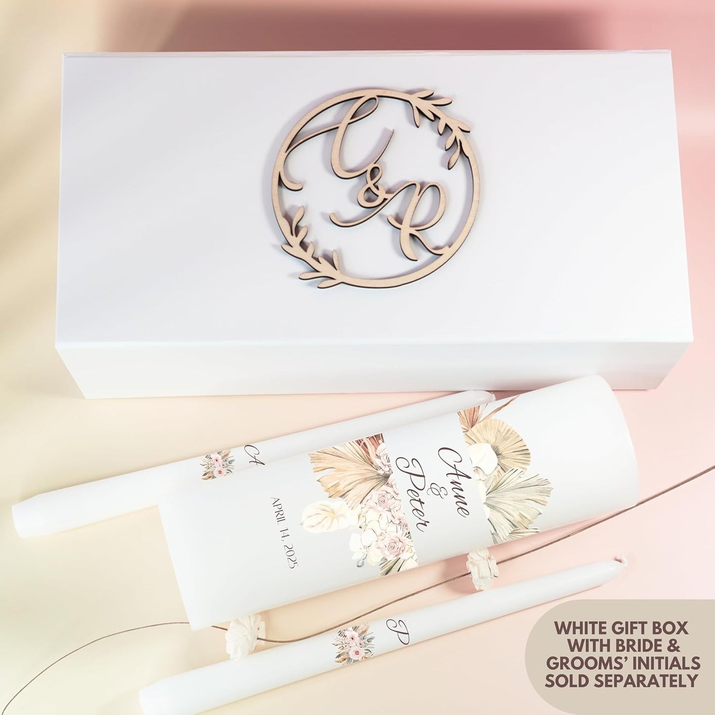 Unity Candles for Wedding, Modern Unity Set, Custom and Personalized Pillar and Taper Candles, Unscented White Premium Wax, Religious and Wedding Ceremony, Special Events (Palm)