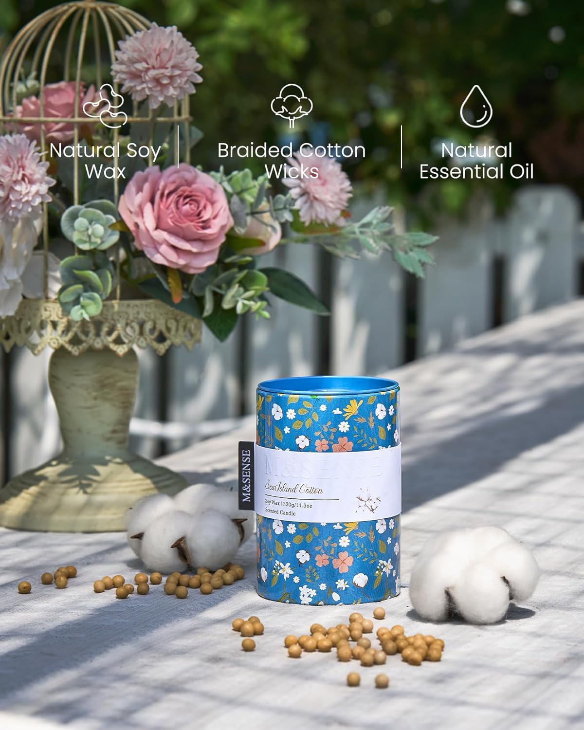 M&SENSE Sea Island Cotton Scented Candle, Medium Jar Candle 11.3oz Natural Soy Wax for Home Scented, Floral Candles Gift for Spring Holiday, Up to 70 Hours Burning Long-Lasting Fragrance