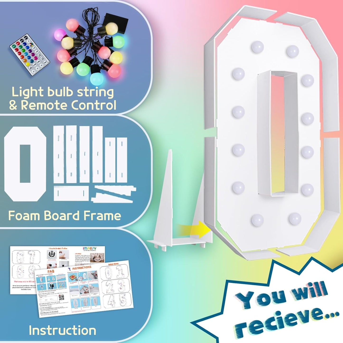 imprsv 4FT Colorful Marquee Light Up Letters O, 18 Colors Large Light up Letters Alphabet Sign with Remote, Big Marry Me Sign, Birthday Party Decorations Baby Shower Anniversary Wedding Decoration