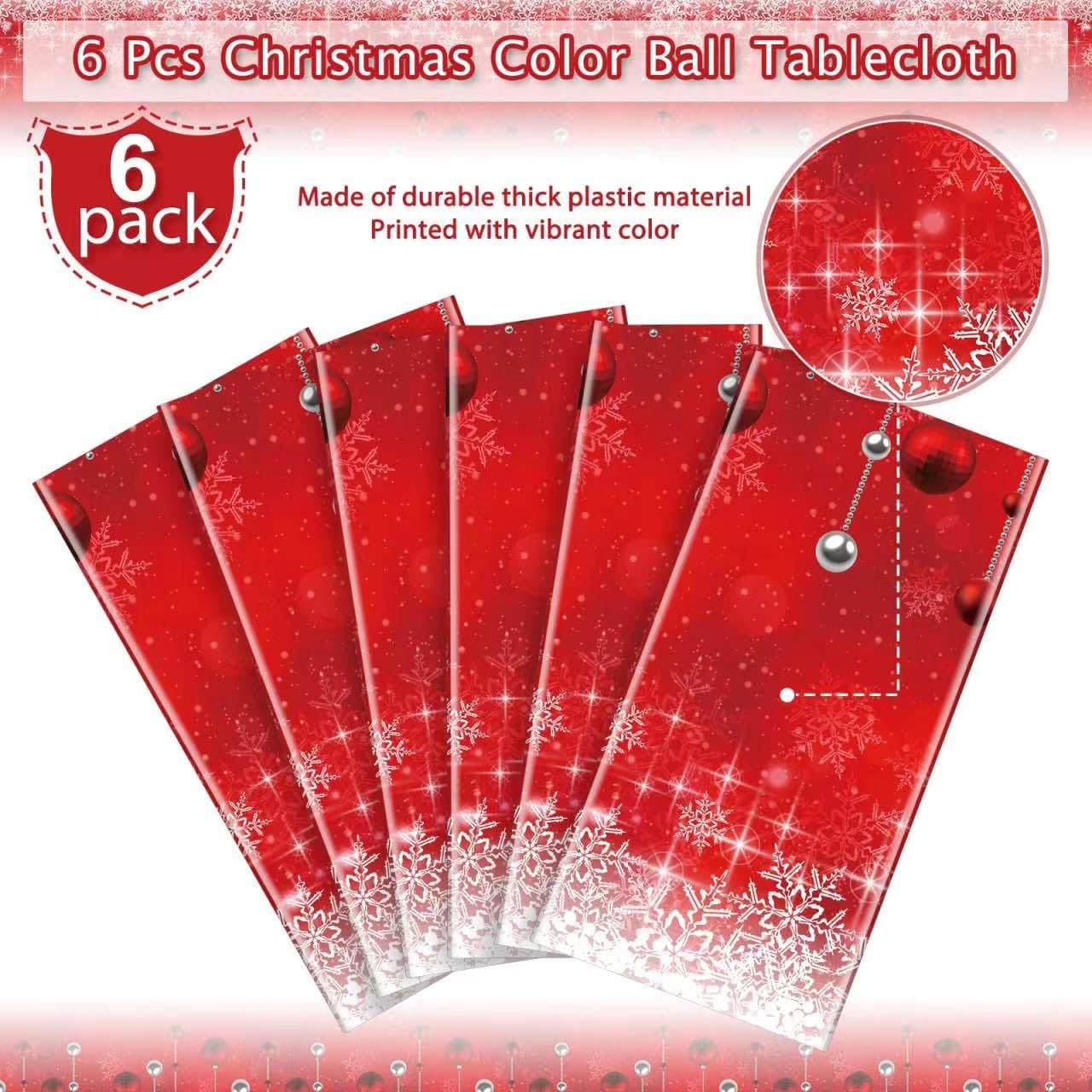 6Pieces Merry Christmas Tablecloth Plastic Christmas Tree Ball Table Cover Rectangle Winter Snowflake Tablecloth for Merry Christmas Holiday New Year Eve Party Decorations Supplies,54x108inch