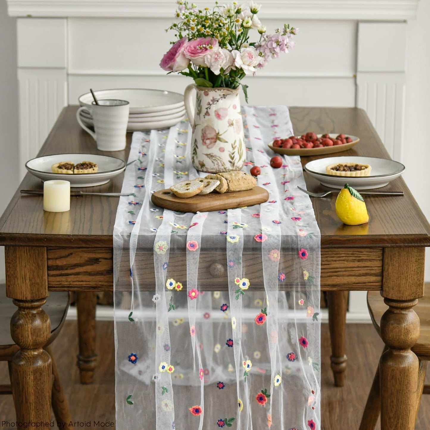 Artoid Mode 6PCS Embroidery Daisy Gauze Table Runner 120 Inch 10FT, Seasonal Sheer Kitchen Dining Holiday Wedding Birthday Table Decor for Home Party