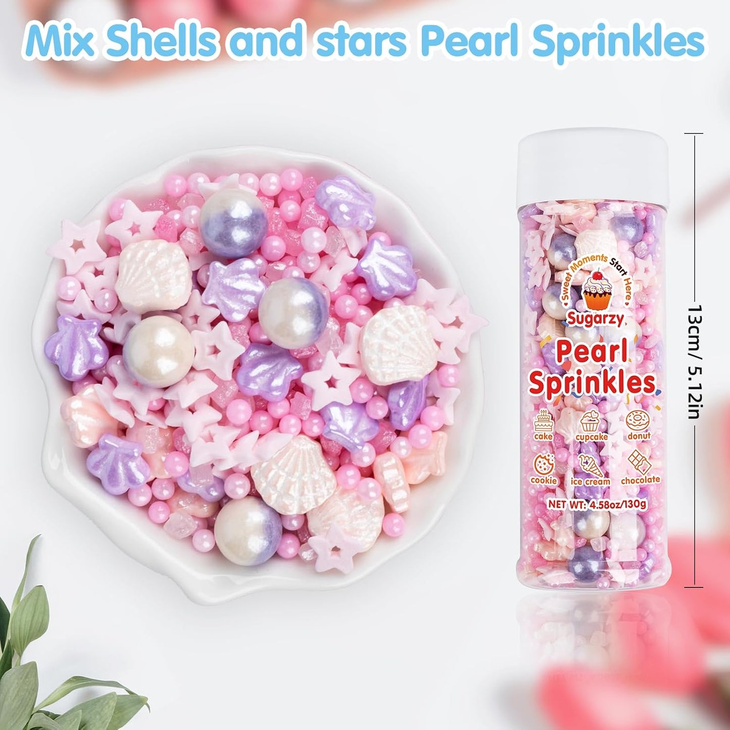 Sugarzy Edible Pearls Sprinkles Cake Decorating,130g/4.58oz,Purple Pink Pearl Sugar Sprinkle Mix Seashell,Baking Ocean Beach Candy Decorations,Perfect for Cookies,Donuts,Cupcake Topper,Birthday Holiday Party Supplies