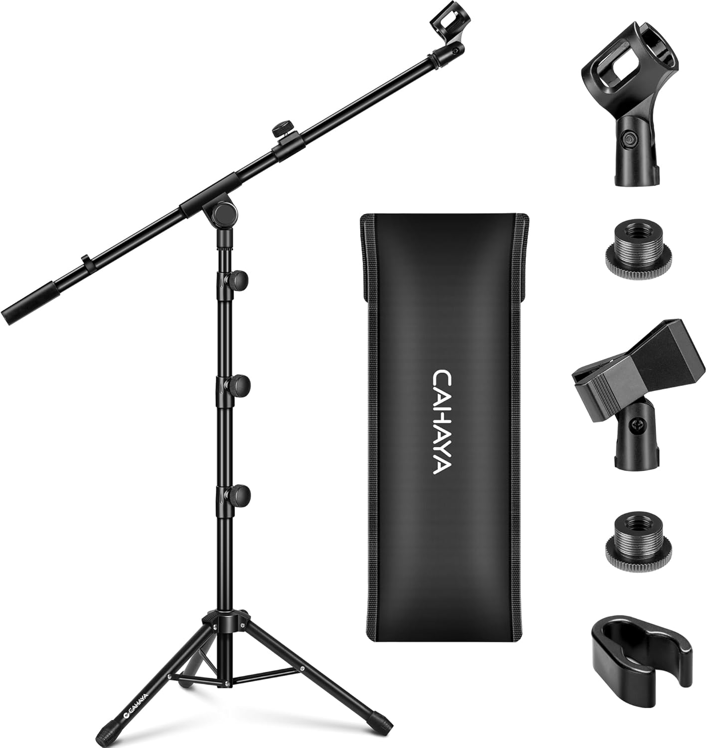 CAHAYA Mic Stand Tripod Boom Arm Floor Microphone Stand Height Adjustable with Carrying Bag and 2 Mic Clips 3/8" to 5/8" Adapter for Singing Performance Podcast