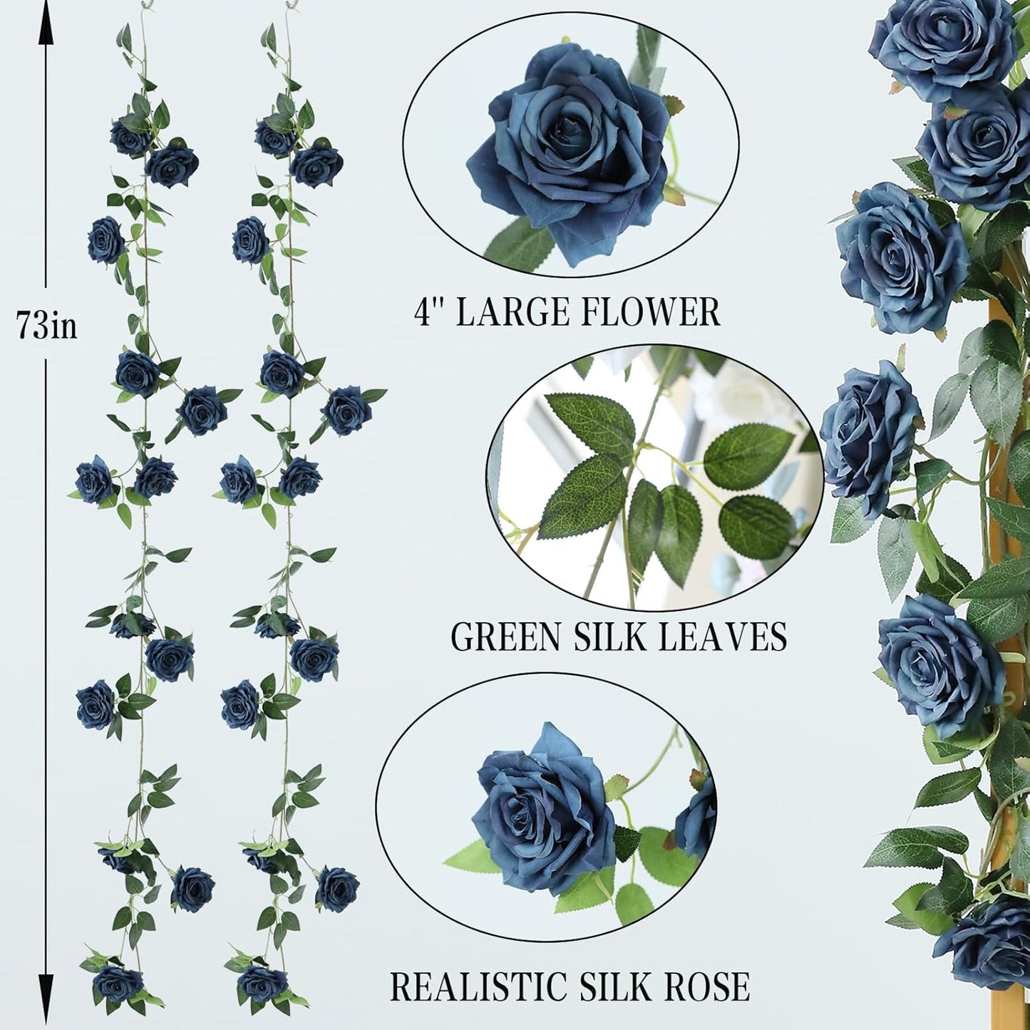 2 Strands 73'' Artificial Silk Rose Flower Vines Garland, Fake Roses Floral Green Leaves Hanging Plant for Wedding Arrangement Decoration, Wall, Party, Bedroom, Home Decor (Blue)