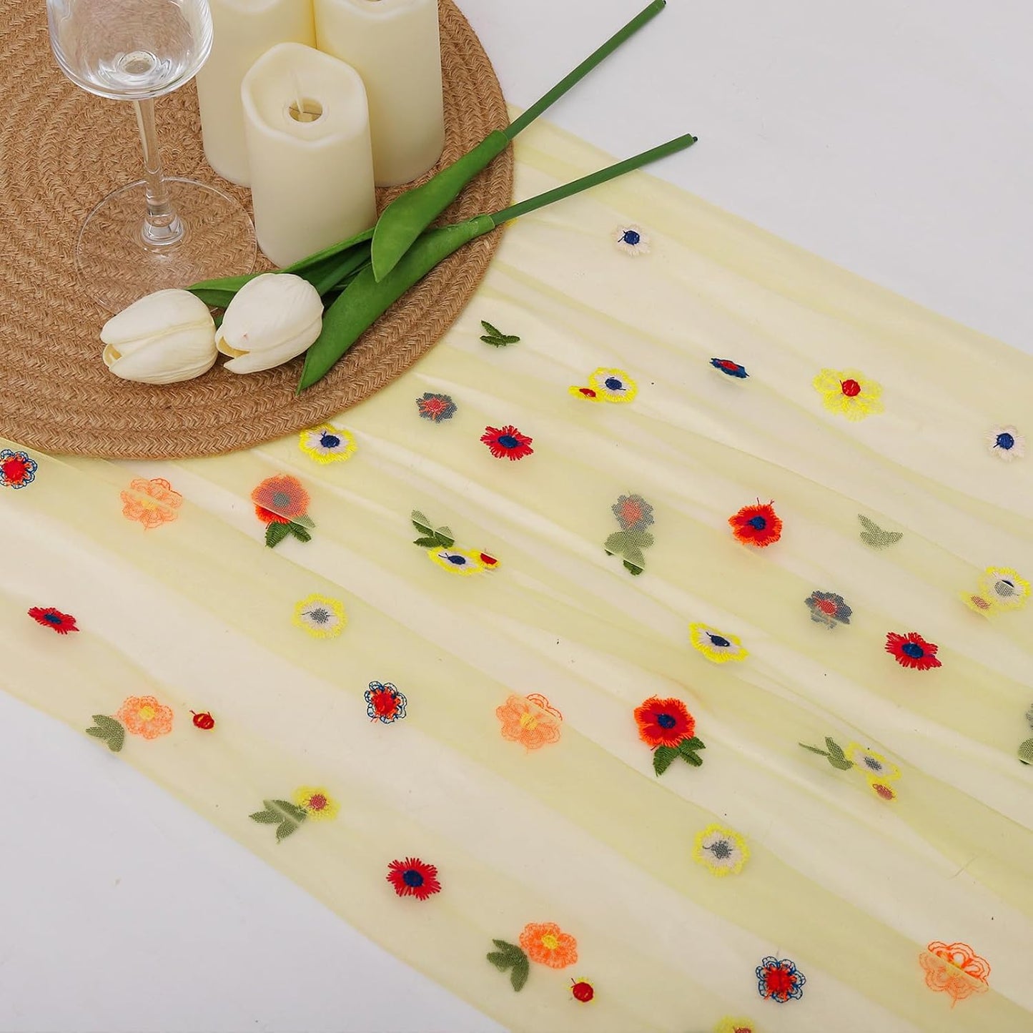 BINBE 1pcs Daisy Fall Table Runner Embroidery Gauze 10FT Florals Seasonal Tulle Holiday Birthday Kitchen Dining Table Decor for Home Party Yellow