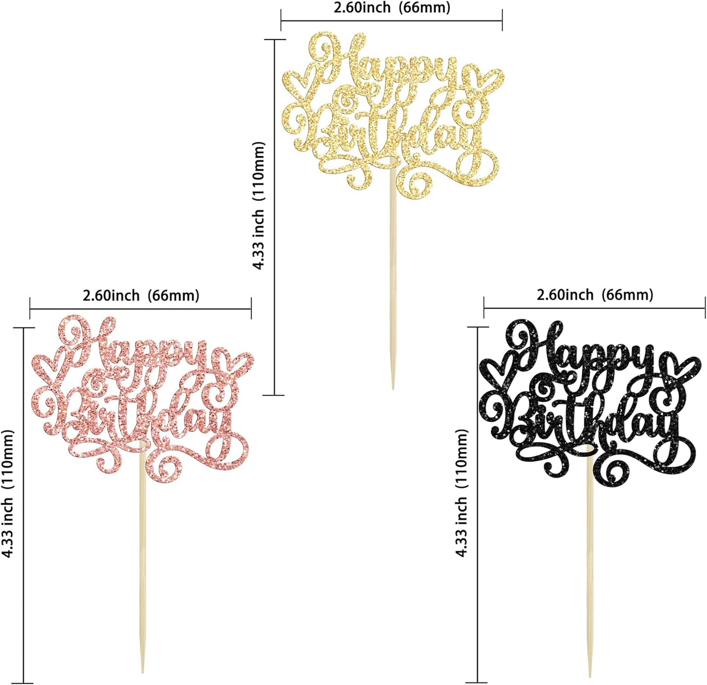 Gyufise 24Pcs Happy Birthday Cupcake Toppers Glitter Happy Birthday Cupcake Picks for Celebrating Happy Birthday Party Decor Anniversary Theme Party Cake Decorations Supplies Black Gold Rose Gold