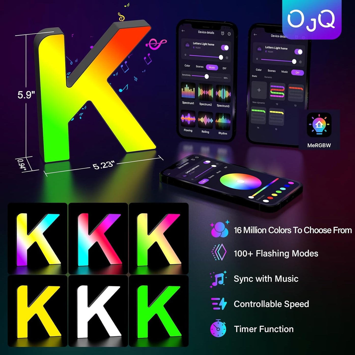 OJQ Light Up Letters LED Letter - Marquee Letters Room Decor Alphabet Letter Music Sync Color Change Colorful - Christmas Birthday Gifts for Girl - Teen Girls Gifts Party Home Wall Decor