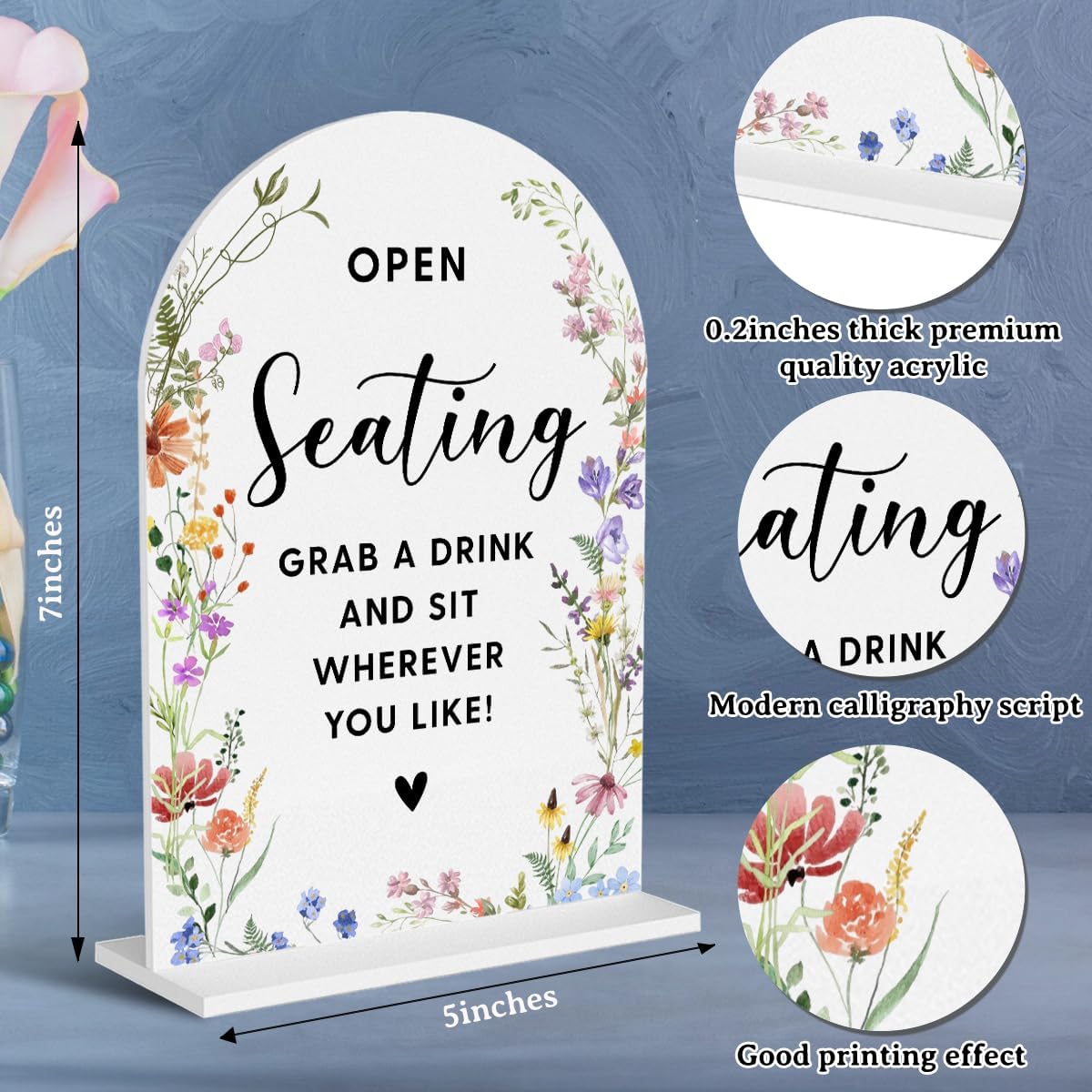 Acrylic Wedding Signs, Open Seating Signs for Marriage Reception, Bridal Shower Decorations, Modern Arched Round Top Acrylic Table Top Sign with Holder for Wedding Party Dinner (White Wildflowers)
