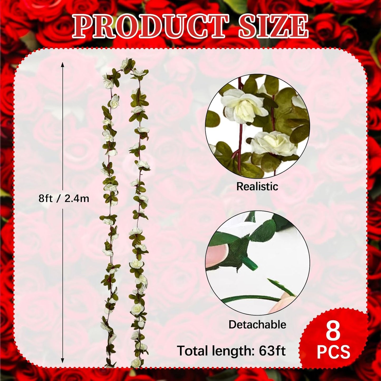 8Pcs 63Ft Cream Rose Garland, Fake Rose Hanging Flowers, Artificial Flower Vine, Hanging Floral Vine Garland for Wedding, Birthday Party, Wall Arch, Halloween, Christmas Garden Backdrop Decor