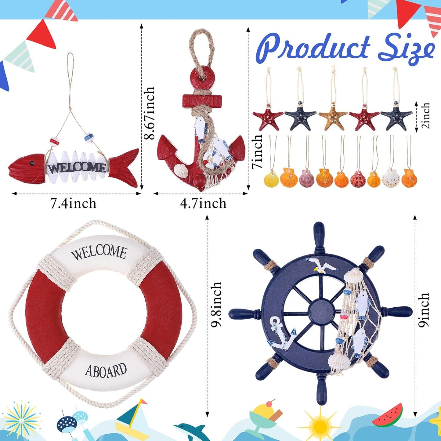 Marsui 11 Pcs Wooden Nautical Wall Decor Fishing Net Decoration, Include Decorative Fishing Net, Ship wheel, Fish Skeleton, Life Ring, Anchor, Starfish Beach Decor for Mediterranean Party (Retro Red)