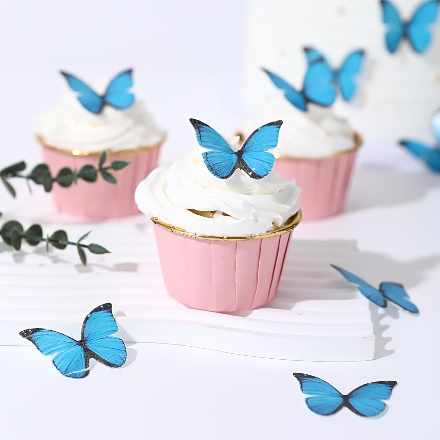 48PCS Blue Edible Butterfly Cake Toppers Wafer Paper Butterflies for Cake Decorations Colorful Small Pastel Cupcake Toppers Decorations for Birthday Party Wedding Cake Decorations
